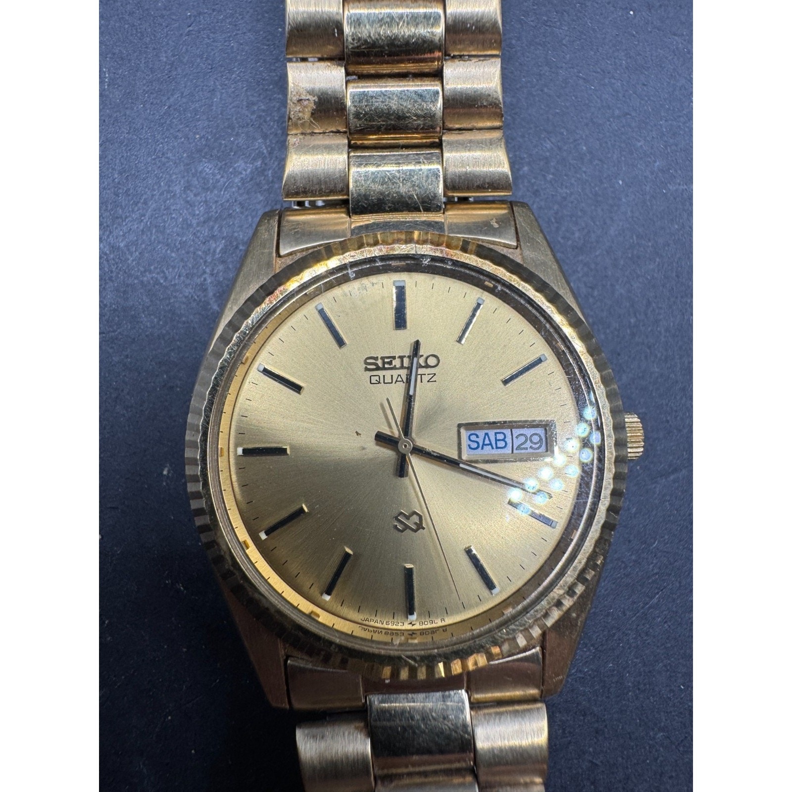 Seiko Sq President Watch Mens Gold Dial Gold Tone Day Date Round 6923809lr